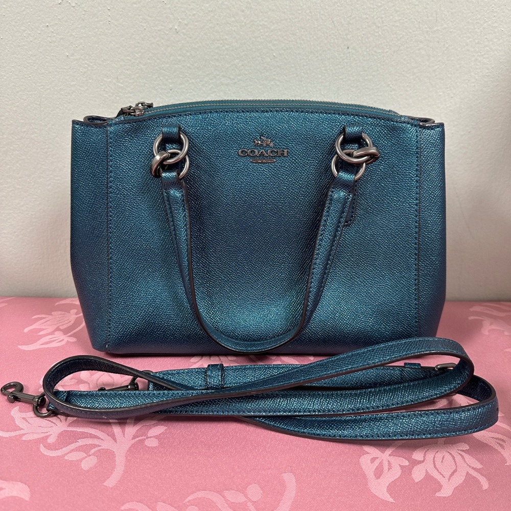 Coach Mini Christie Carryall Metallic Peacock Blue Crossgrain Leather Bag F23337